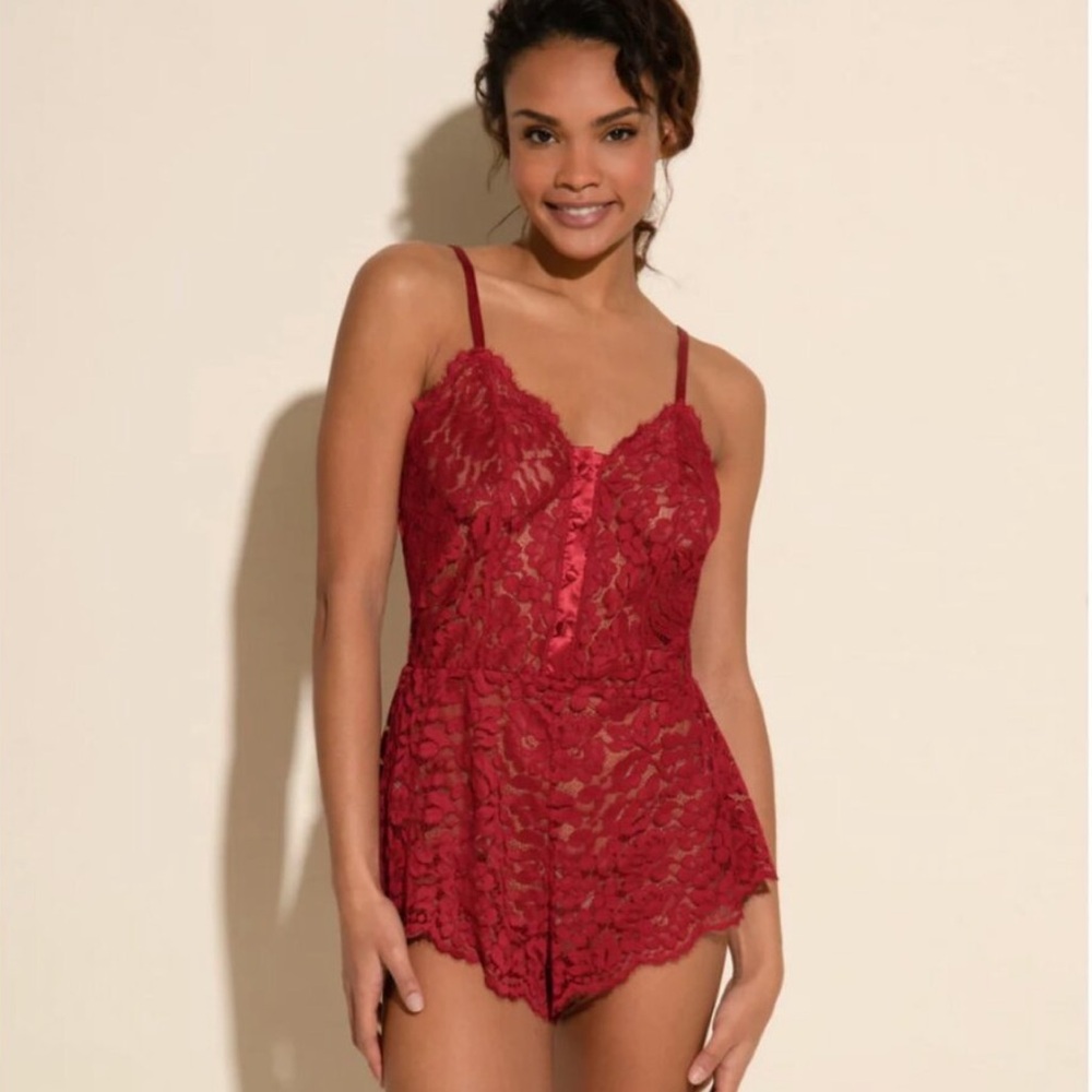 Cosabella Burgundy Lace Romper with Satin Trim